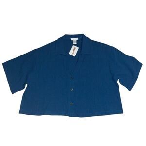 Kirious Women’s Cropped Top L Dark Aqua Blue Johnny Collar Stretch Button Shirt